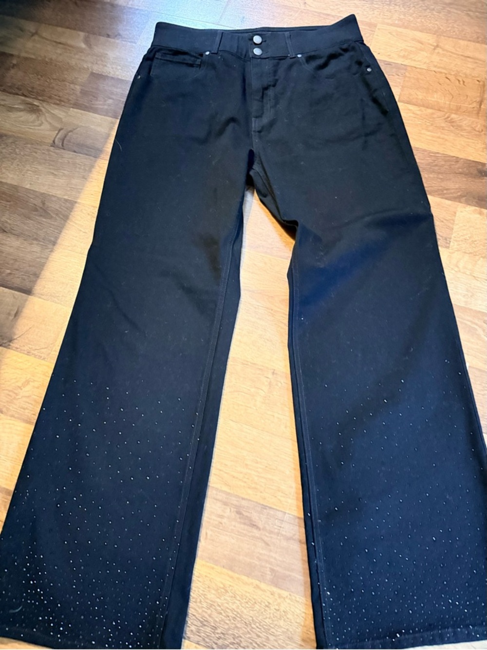 Women’s Black Wide Leg Flare Jeans with Embellished Hem
